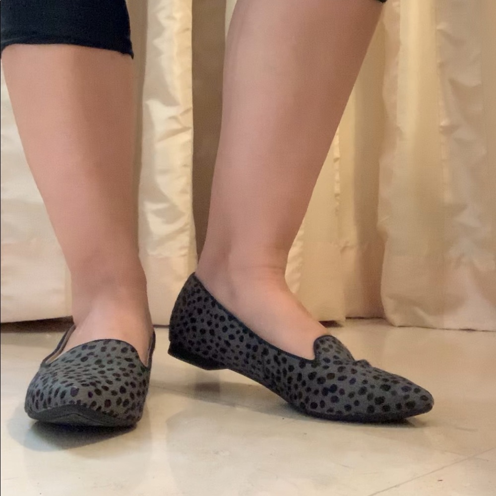 Faux hide, flats, blueish gray, black dots